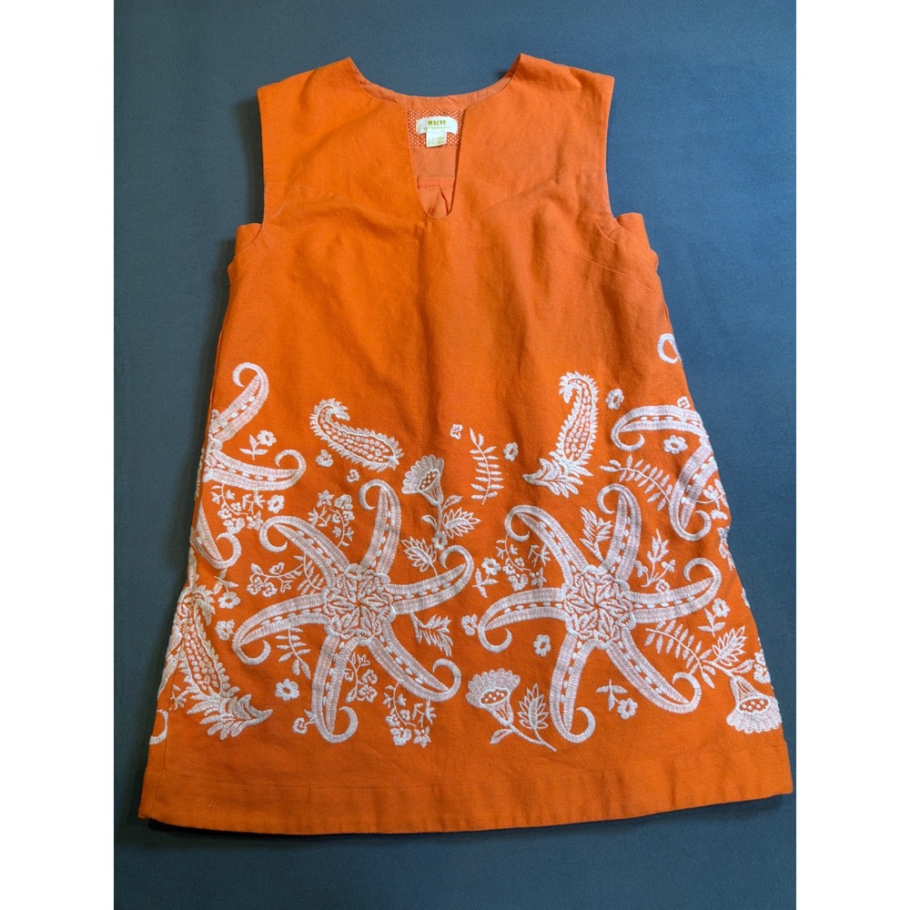 Maeve Anthropologie Womens Shift Dress 8 Orange Embroidered Starfish Linen Mini